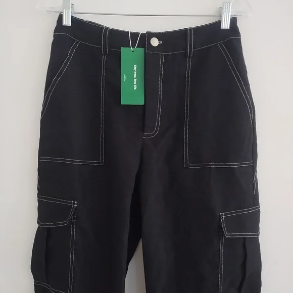 NWT Shein Ez Wear White Stitching Lightweight Wide Leg Cargo Y2K Pants - Picture 9 of 10